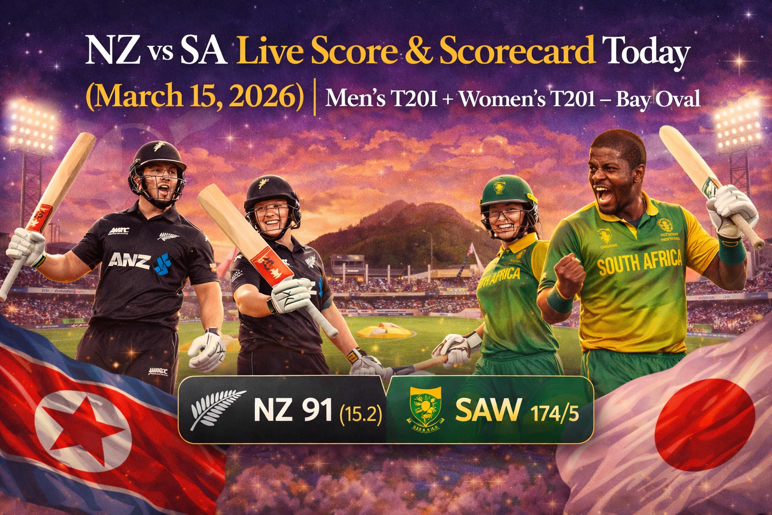 NZ vs SA Live Score & Scorecard Today (March 15, 2026) | Men’s T20I + Women’s T20I Results — Bay Oval