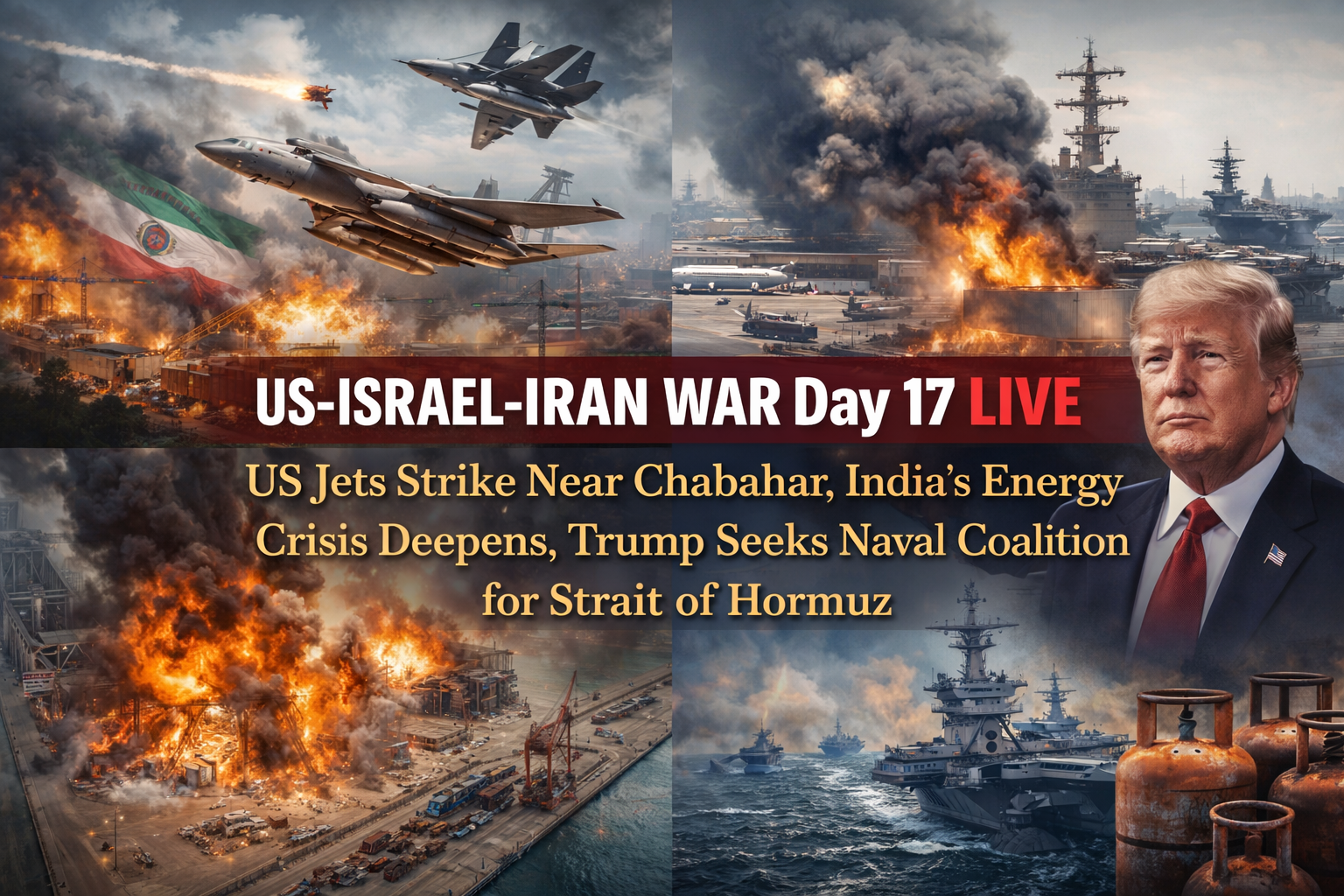 US-Israel-Iran War Day 17 LIVE: US Jets Strike Near Chabahar, India’s Energy Crisis Deepens, Trump Seeks Naval Coalition for Strait of Hormuz